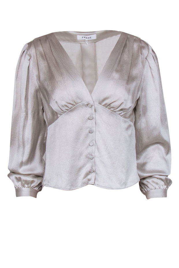 Current Boutique-Frame - Silver Silk Blouse w/ Deep V-Neckline & Front Button Close Sz S