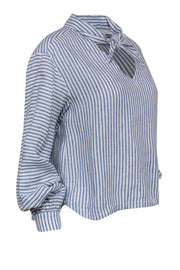 Current Boutique-Frame - White & Blue Striped Long Sleeve Linen Blouse w/ Neck Tie