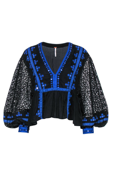 Current Boutique-Free People - Black & Blue Lace & Embroidered Balloon Sleeve Blouse Sz XS