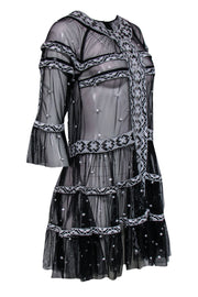 Current Boutique-Free People - Black Cropped Sleeve Sheer Tulle Dress w/ White Embroidery Sz XS