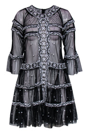 Current Boutique-Free People - Black Cropped Sleeve Sheer Tulle Dress w/ White Embroidery Sz XS