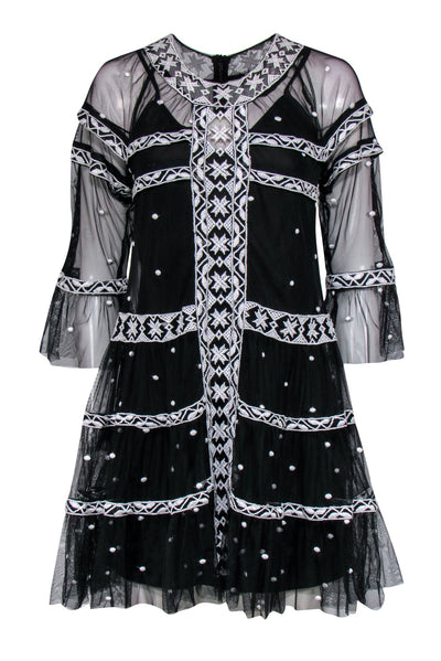 Current Boutique-Free People - Black Cropped Sleeve Sheer Tulle Dress w/ White Embroidery Sz XS