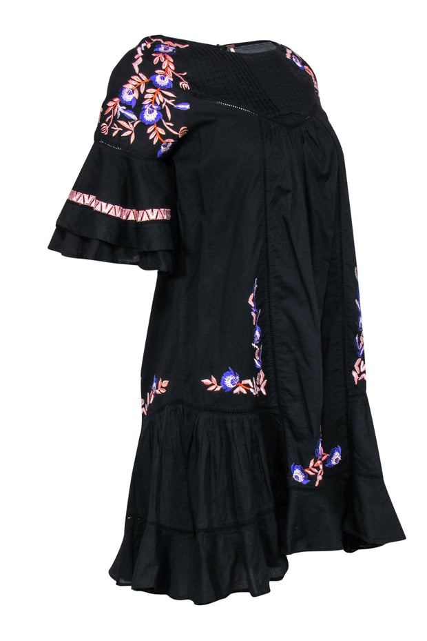 Current Boutique-Free People - Black Floral Embroidered Bell Sleeve Shift Dress w/ Eyelet Trim Sz XS