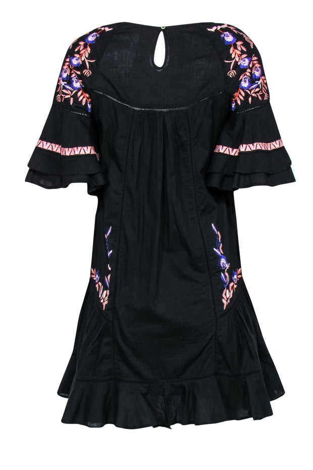 Current Boutique-Free People - Black Floral Embroidered Bell Sleeve Shift Dress w/ Eyelet Trim Sz XS