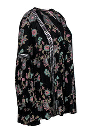 Current Boutique-Free People - Black & Green Floral Print Long Sleeve Tunic w/ Eyelet Trim Sz M