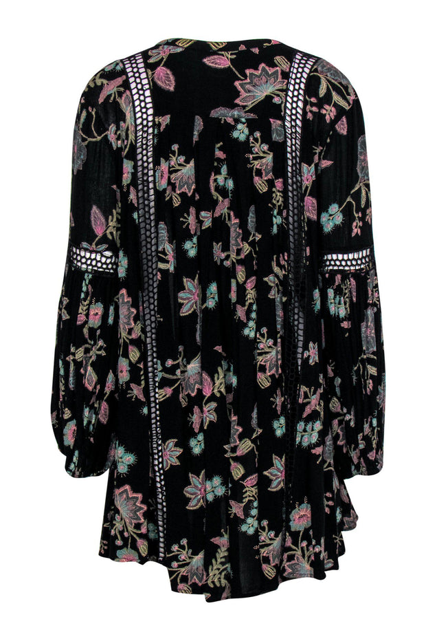 Current Boutique-Free People - Black & Green Floral Print Long Sleeve Tunic w/ Eyelet Trim Sz M