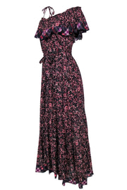 Current Boutique-Free People - Black & Pink Floral Print Belted Maxi Dress w/ Plaid Trim Sz S