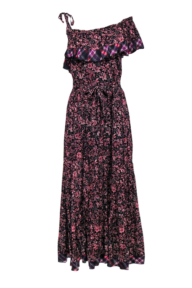 Current Boutique-Free People - Black & Pink Floral Print Belted Maxi Dress w/ Plaid Trim Sz S