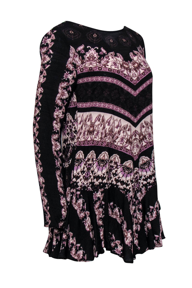 Current Boutique-Free People - Black, Purple & Cream Floral & Bohemian Print Shift Dress Sz XS