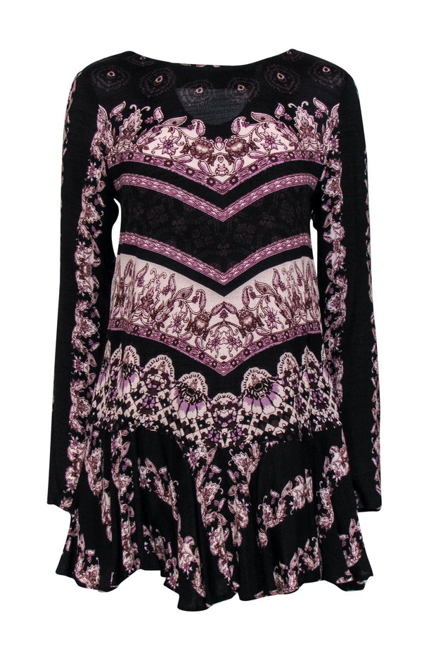 Current Boutique-Free People - Black, Purple & Cream Floral & Bohemian Print Shift Dress Sz XS