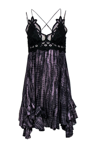 Current Boutique-Free People - Black & Purple Tie-Dye Print Fit & Flare Dress w/ Lace Top Sz S