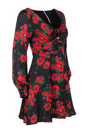 Current Boutique-Free People - Black & Red Polka Dot & Floral Print Fit & Flare Dress Sz 0