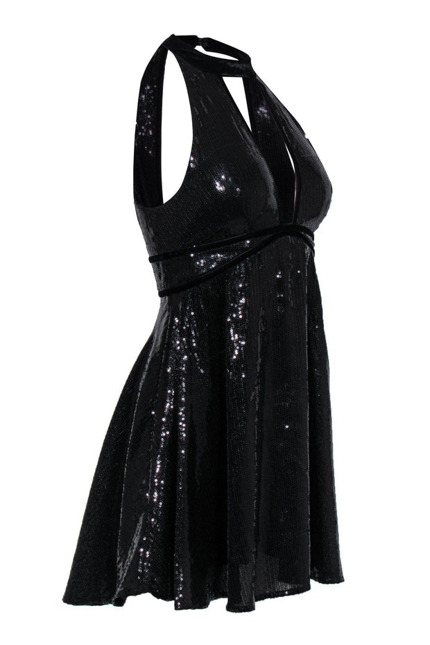 Current Boutique-Free People - Black Sequin Sleeveless Fit & Flare Dress w/ Velvet Trim Sz 2