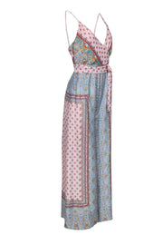 Current Boutique-Free People - Blue & Pink Paisley & Bohemian Print Wide Leg Satin Jumpsuit Sz 4