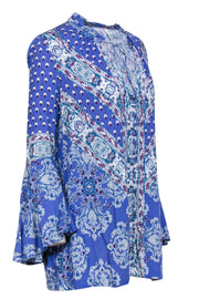 Current Boutique-Free People - Cornflower Blue Bohemian Print Bell Sleeve Shift Dress Sz XS