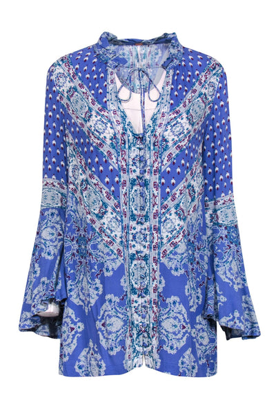 Current Boutique-Free People - Cornflower Blue Bohemian Print Bell Sleeve Shift Dress Sz XS