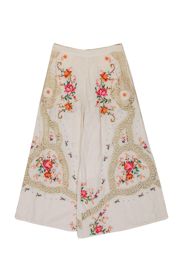 Current Boutique-Free People - Cream Floral Embroidered & Eyelet Cropped Flared Pants Sz 6