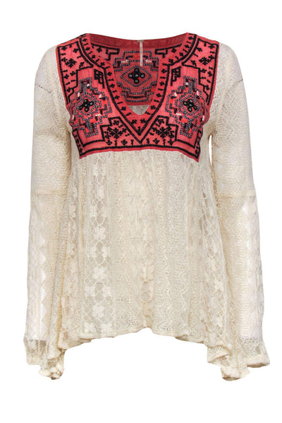 Current Boutique-Free People - Cream Lace & Rust Embroidered Top Sz S