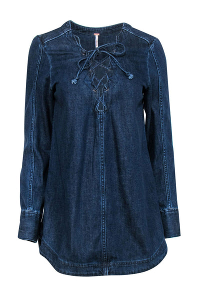 Current Boutique-Free People - Dark Wash Denim Lace-Up Dress Sz S