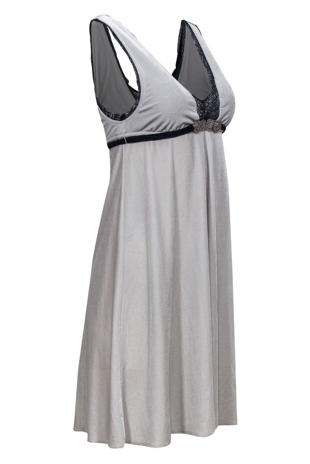 Current Boutique-Free People - Light Grey Velvet Sleeveless A-Line Dress w/ Lace Trim & Jeweled Belt Sz M