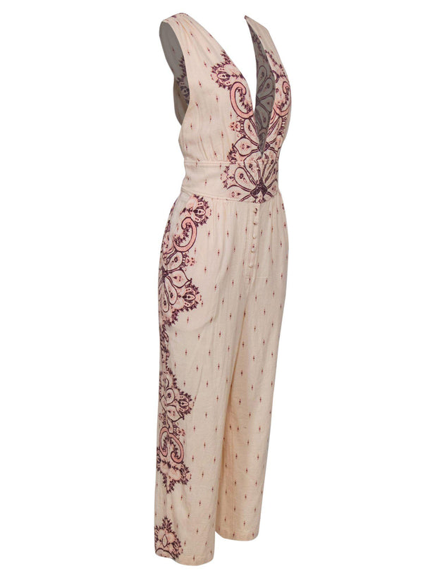 Current Boutique-Free People - Light Pink Bohemian Print Sleeveless Straight Leg Jumpsuit Sz M