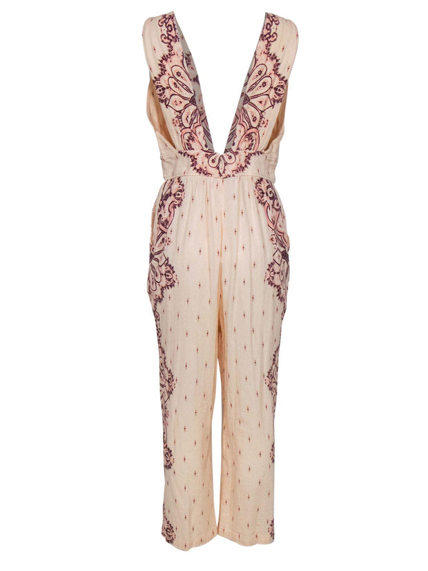 Current Boutique-Free People - Light Pink Bohemian Print Sleeveless Straight Leg Jumpsuit Sz M