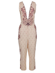 Current Boutique-Free People - Light Pink Bohemian Print Sleeveless Straight Leg Jumpsuit Sz M