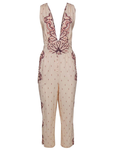 Current Boutique-Free People - Light Pink Bohemian Print Sleeveless Straight Leg Jumpsuit Sz M