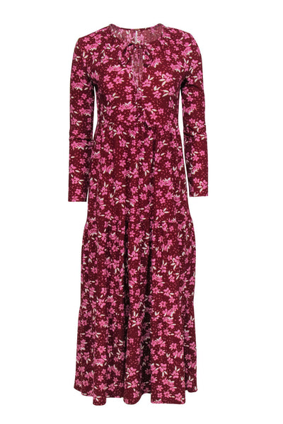 Current Boutique-Free People - Maroon & Pink Floral Print Long Sleeve Maxi Dress Sz XS