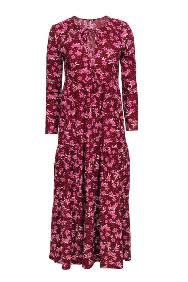 Current Boutique-Free People - Maroon & Pink Floral Print Long Sleeve Maxi Dress Sz XS