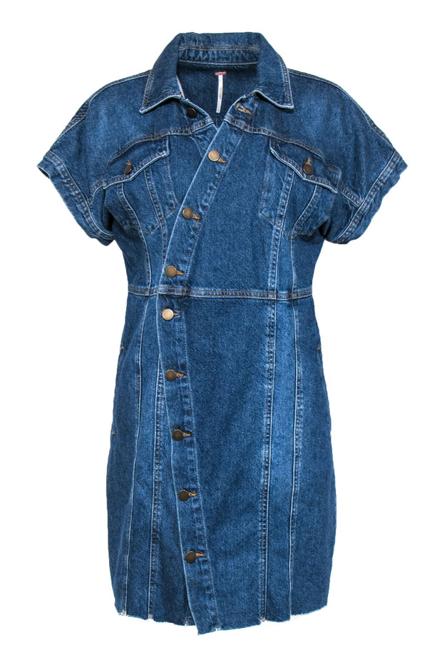 Current Boutique-Free People - Medium Wash Denim Asymmetric Button-Front Dress Sz L