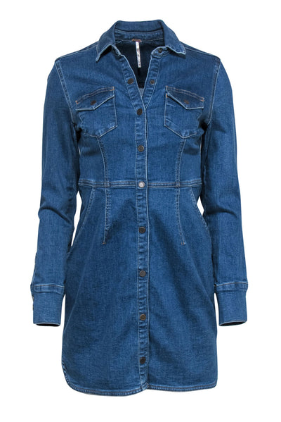 Current Boutique-Free People - Medium Wash Denim Button-Up Shirt Dress Sz S