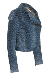 Current Boutique-Free People - Medium Wash Denim Chevron Textured Moto-Style Jacket Sz 4