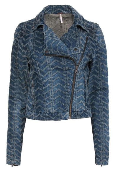 Current Boutique-Free People - Medium Wash Denim Chevron Textured Moto-Style Jacket Sz 4