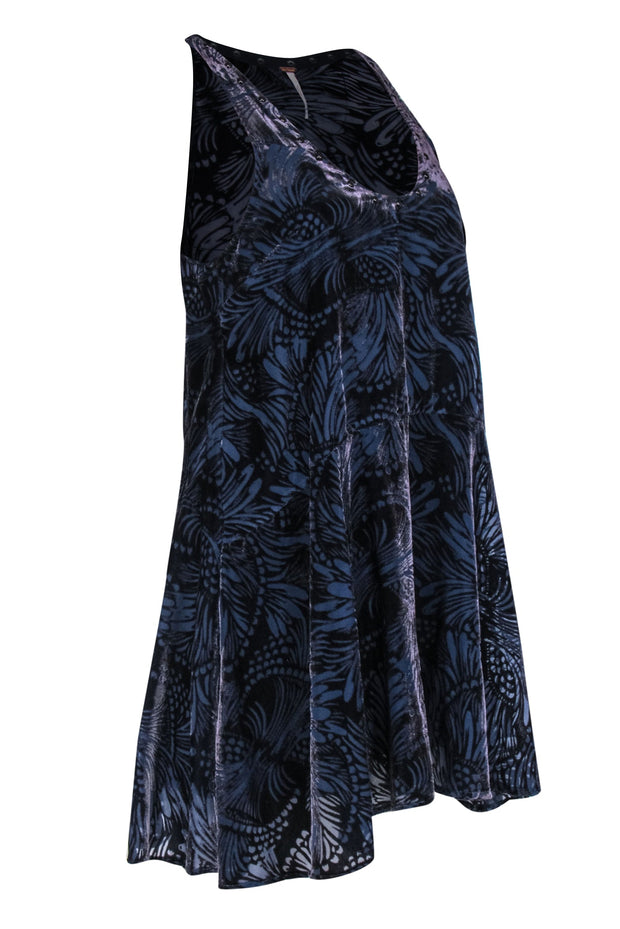 Current Boutique-Free People - Navy & Grey Velvet Print Sleeveless Babydoll Dress Sz XS