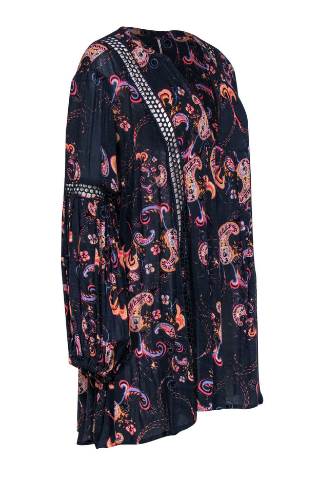 Current Boutique-Free People - Navy & Orange Paisley Print Long Sleeve Shift Dress w/ Eyelet Trim Sz M