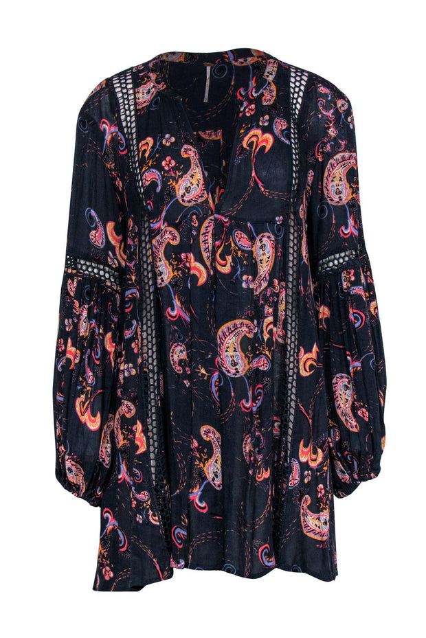 Current Boutique-Free People - Navy & Orange Paisley Print Long Sleeve Shift Dress w/ Eyelet Trim Sz M