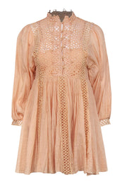 Current Boutique-Free People - Peach Cotton Long Sleeve Fit & Flare Dress w/ Eyelet Trim Sz S