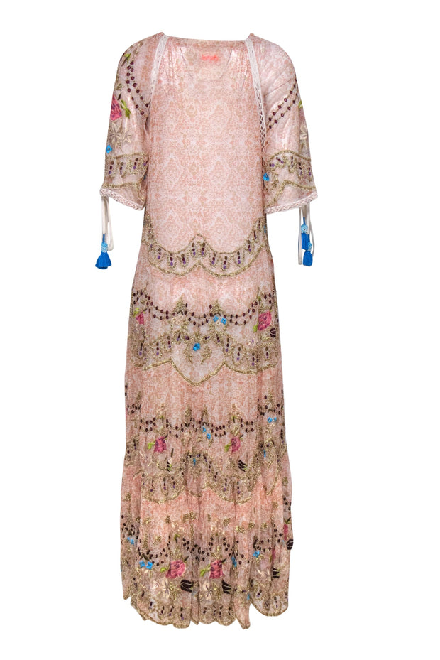 Current Boutique-Free People - Peach & White Bohemian Print Maxi Dress w/ Floral Embroidery Sz M