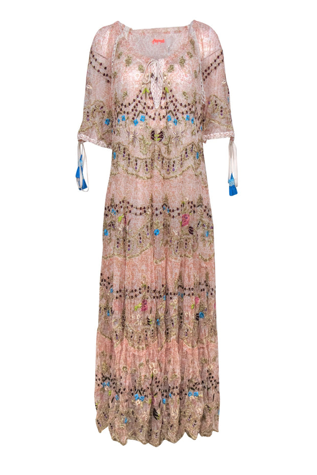 Current Boutique-Free People - Peach & White Bohemian Print Maxi Dress w/ Floral Embroidery Sz M