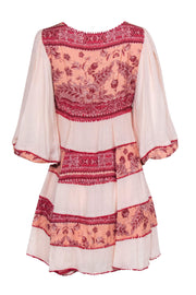 Current Boutique-Free People - Pink & Red Textured & Floral Print Embroidered Shift Dress Sz M