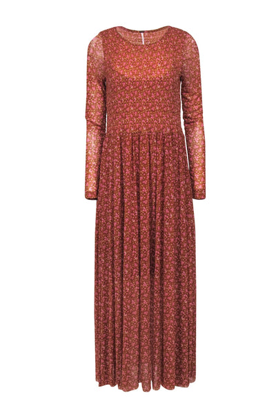 Current Boutique-Free People - Pumpkin & Pink Floral Print Mesh Maxi Dress w/ Smocked Bodice Sz M