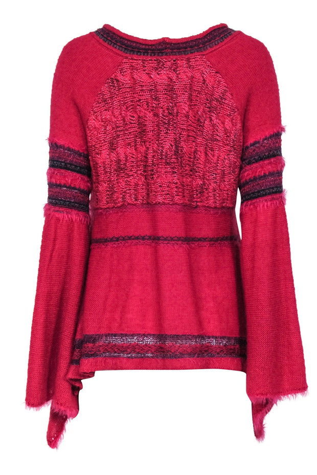 Current Boutique-Free People - Raspberry Pink & Purple Textured Knit Frayed Bell Sleeve Sweater Sz XS