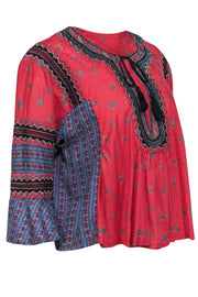 Current Boutique-Free People - Red, Blue & Black Multi-Print Blouse w/ Tassels & Metallic Embroidery Sz XS