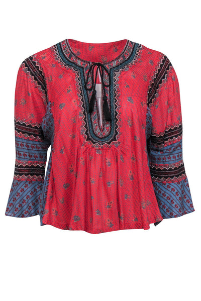 Current Boutique-Free People - Red, Blue & Black Multi-Print Blouse w/ Tassels & Metallic Embroidery Sz XS