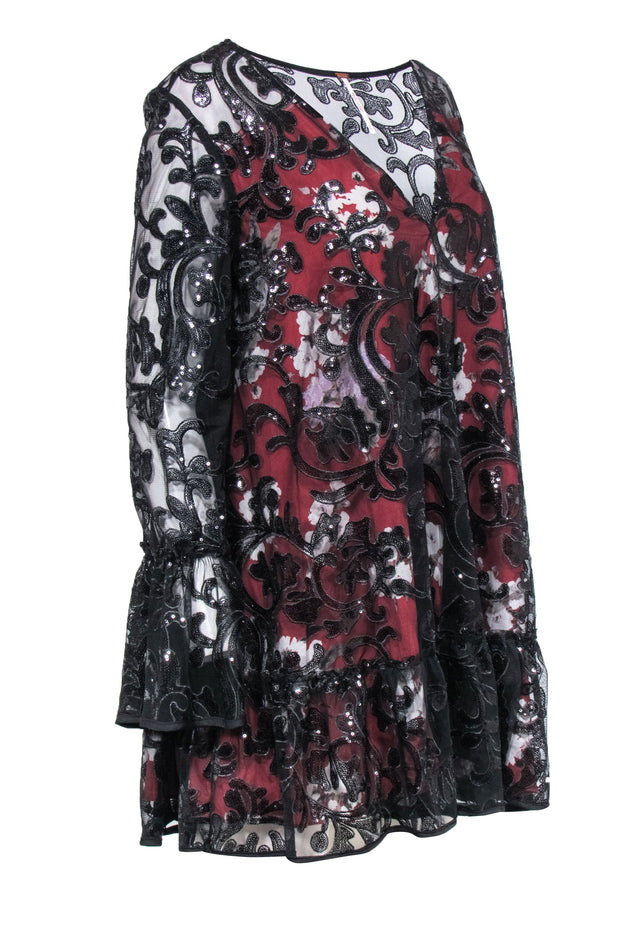 Current Boutique-Free People - Red Floral Babydoll Dress w/ Black Lace Sequin Overlay Sz S