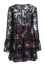 Current Boutique-Free People - Red Floral Babydoll Dress w/ Black Lace Sequin Overlay Sz S