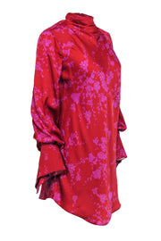 Current Boutique-Free People - Red & Purple Floral Print Bell Sleeve Open Back Dress Sz S