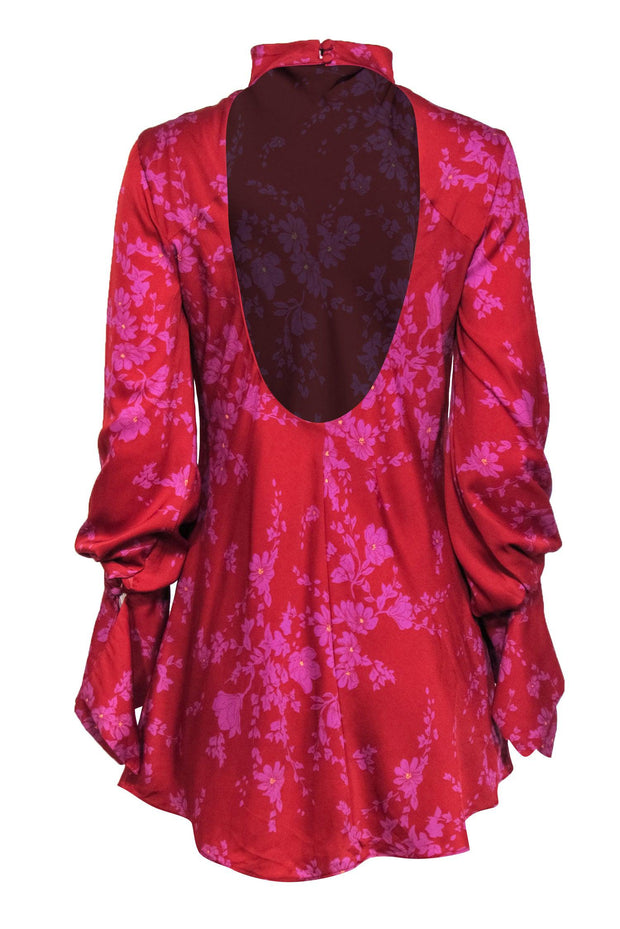 Current Boutique-Free People - Red & Purple Floral Print Bell Sleeve Open Back Dress Sz S