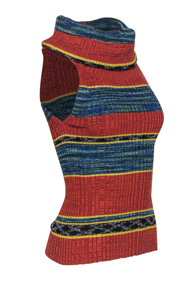 Current Boutique-Free People - Rust, Yellow & Blue Printed Sleeveless Turtleneck Sweater Sz M